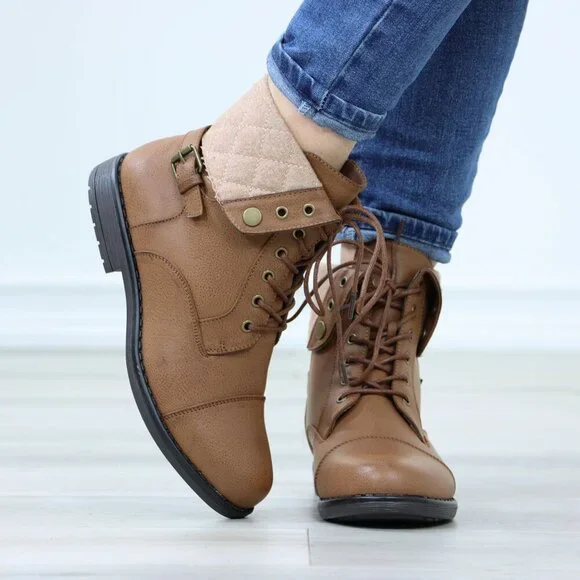 Tan Ankle Boots Lace-Up Fold Cuff Buckle Detail Faux Leather Flat Sole - Picture 9 of 10